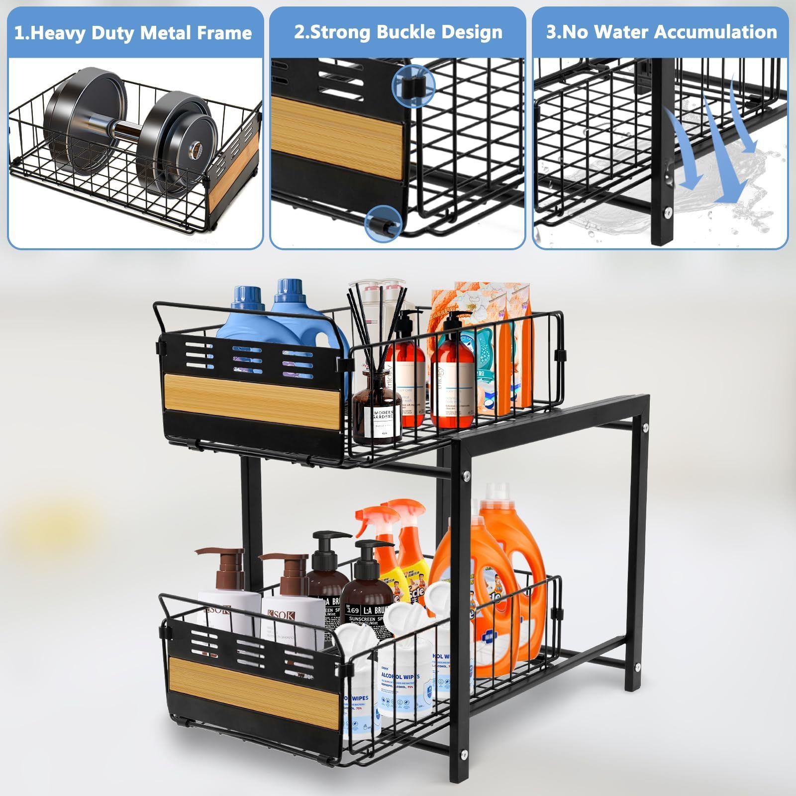 Under Sink Organizers and Storage, 2 Tier Sliding Cabinet Basket Organizer Drawers, Metal Under Sink Shelf for Kitchen