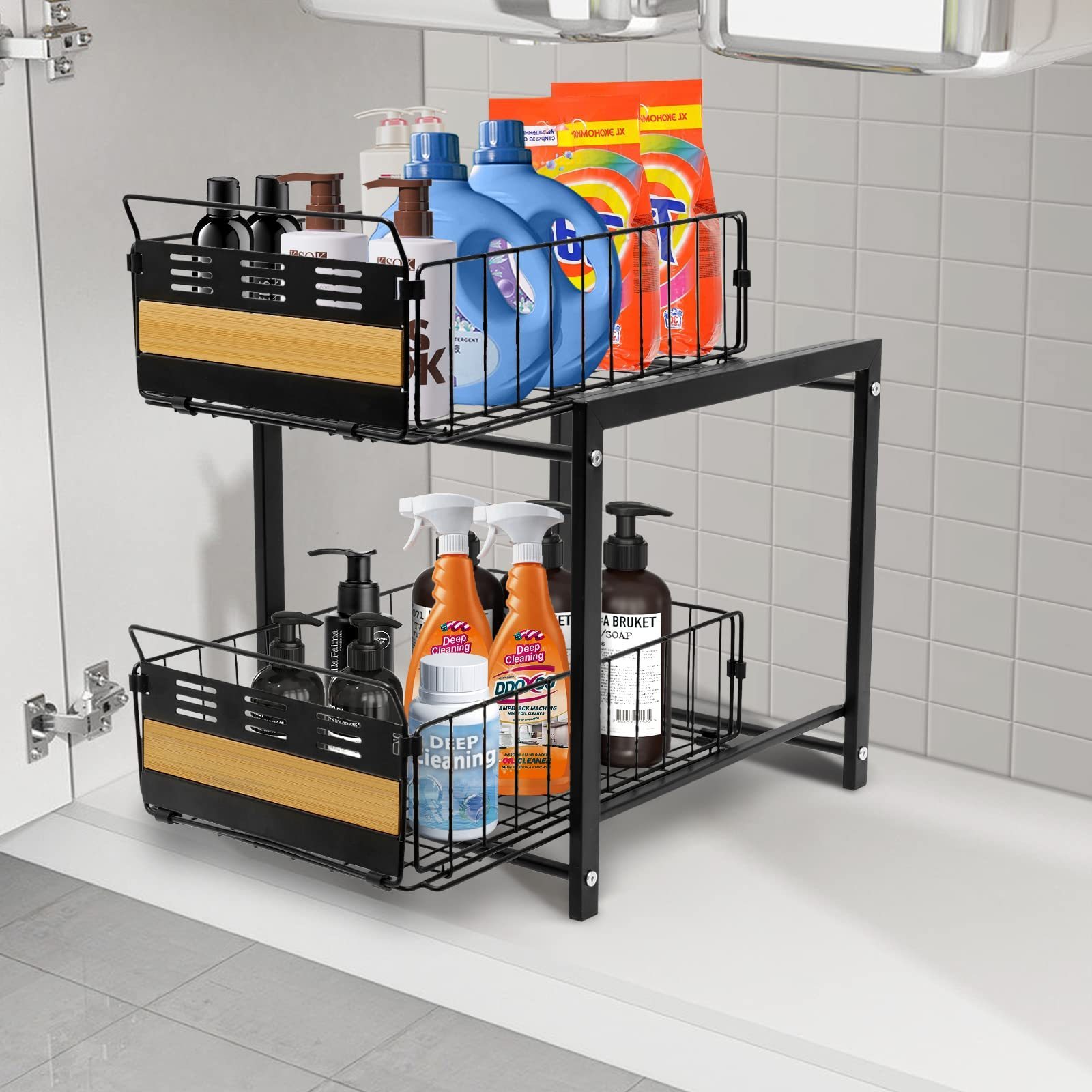 Under Sink Organizers and Storage, 2 Tier Sliding Cabinet Basket Organizer Drawers, Metal Under Sink Shelf for Kitchen