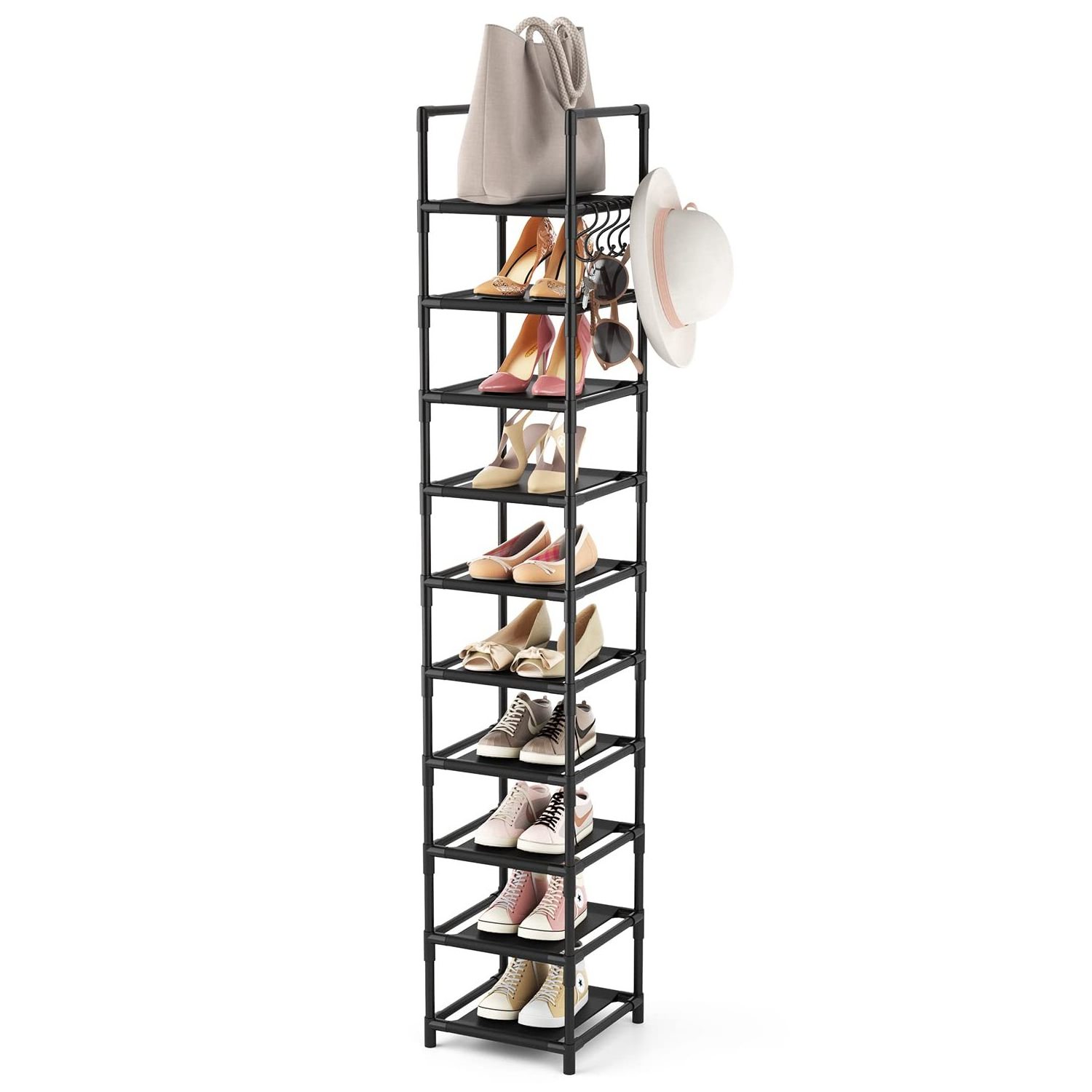 Tall Narrow Shoe Rack for Entryway, 10-Tier Sturdy Metal Shoe Shelf Storage 10-15 Pairs of Shoes, Corner Shoe Rack Organizer