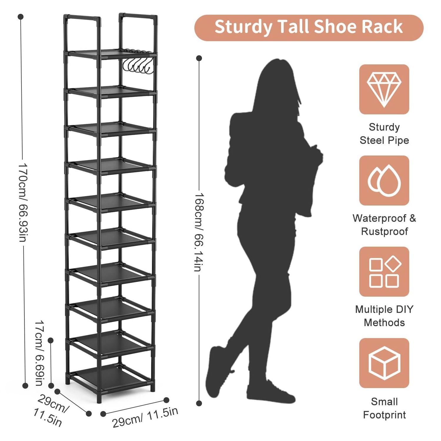 Tall Narrow Shoe Rack for Entryway, 10-Tier Sturdy Metal Shoe Shelf Storage 10-15 Pairs of Shoes, Corner Shoe Rack Organizer