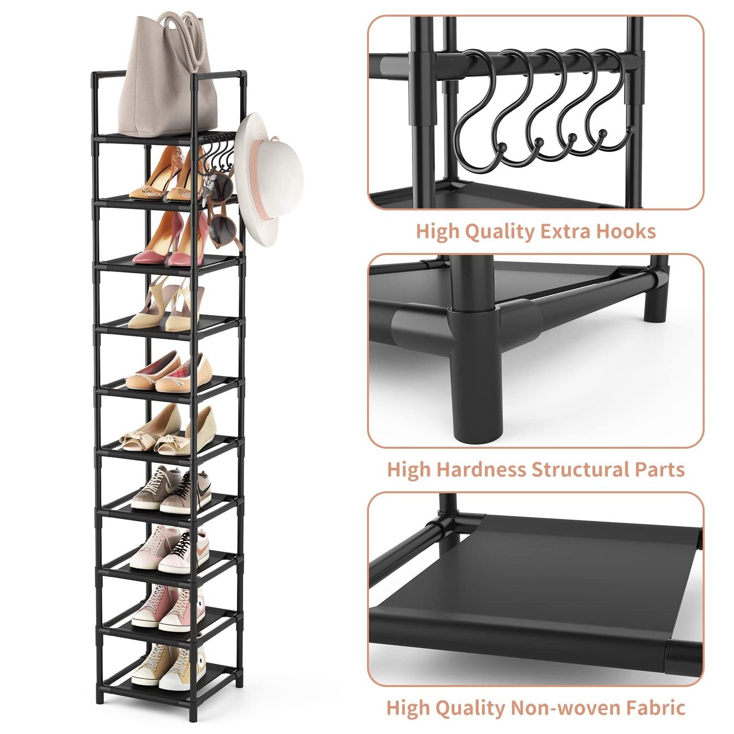 Tall Narrow Shoe Rack for Entryway, 10-Tier Sturdy Metal Shoe Shelf Storage 10-15 Pairs of Shoes, Corner Shoe Rack Organizer