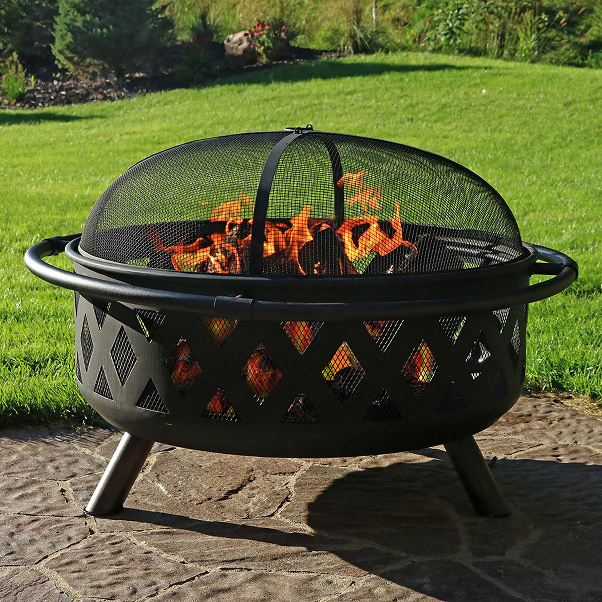 Black Crossweave Large Outdoor Fire Pit 36-Inch Heavy-Duty Wood-Burning Fire Pit with Spark Screen for Patio & Backyard Bonfires