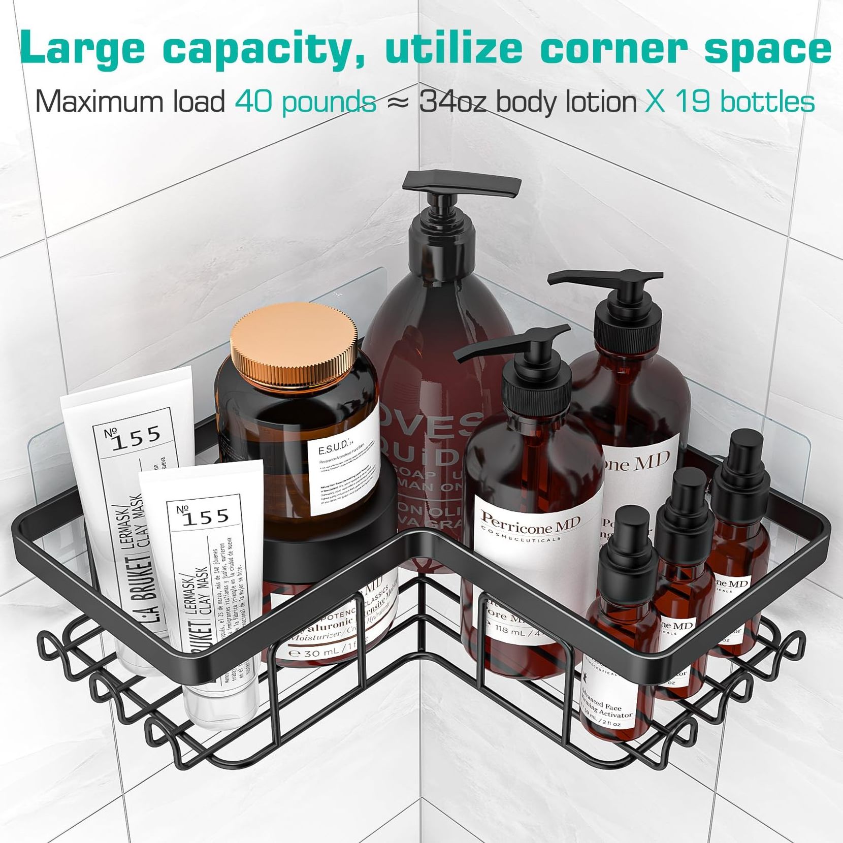 Corner Adhesive Shower Caddy, with Soap Holder and 12 Hooks, Rustproof Stainless Steel Bathroom Organizer