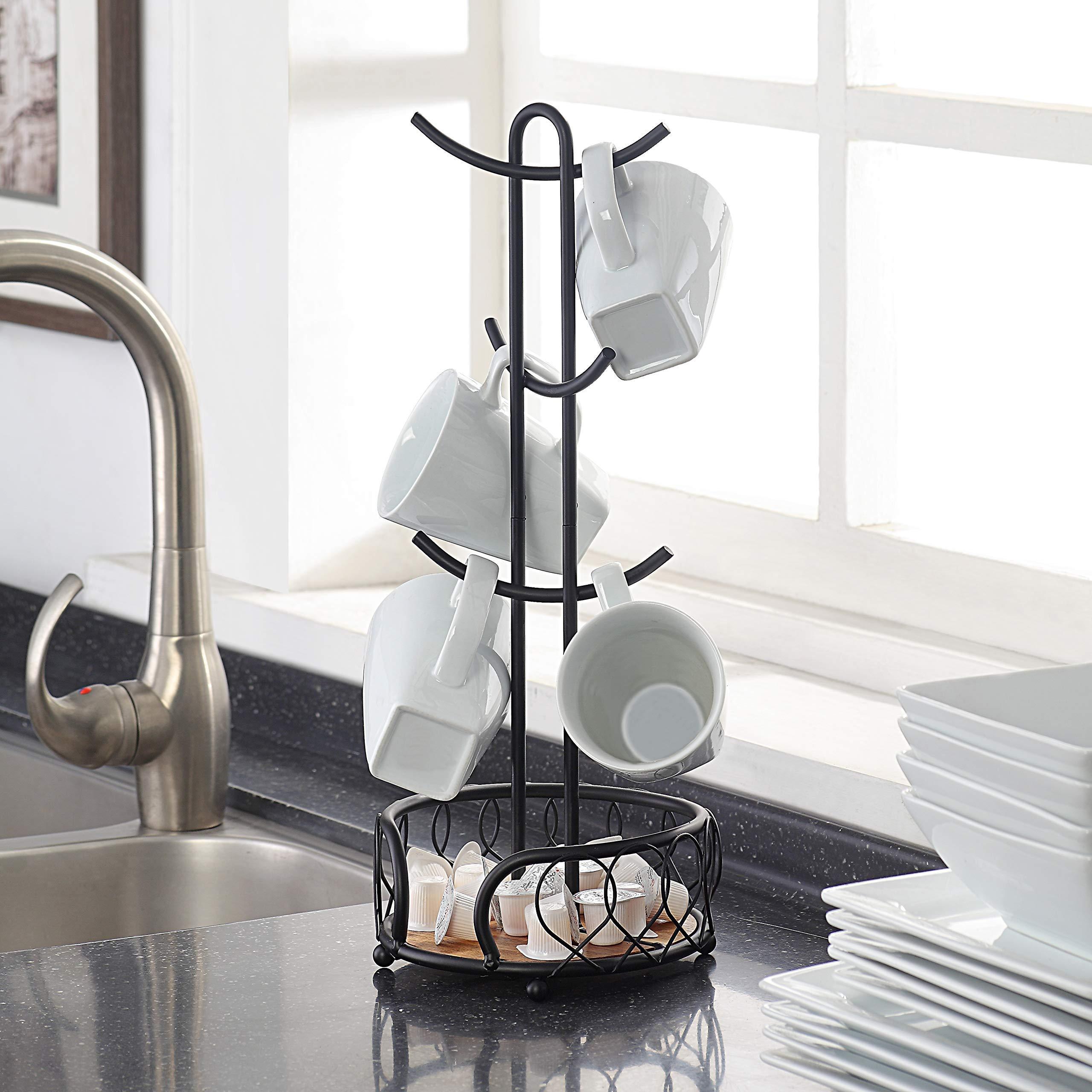 Heavy Wire Gauge 6 Mug Tree Countertop Holder, Coffee Mugs and Tea Cup Storage Rack with Small Storage Area