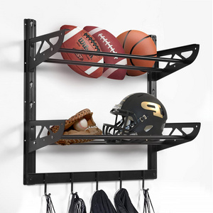 Garage Sports Equipment Organizer Ball Storage Rack Wall Mount Adjustable 2 Layers Steel Black Sports Gear Storage Holder