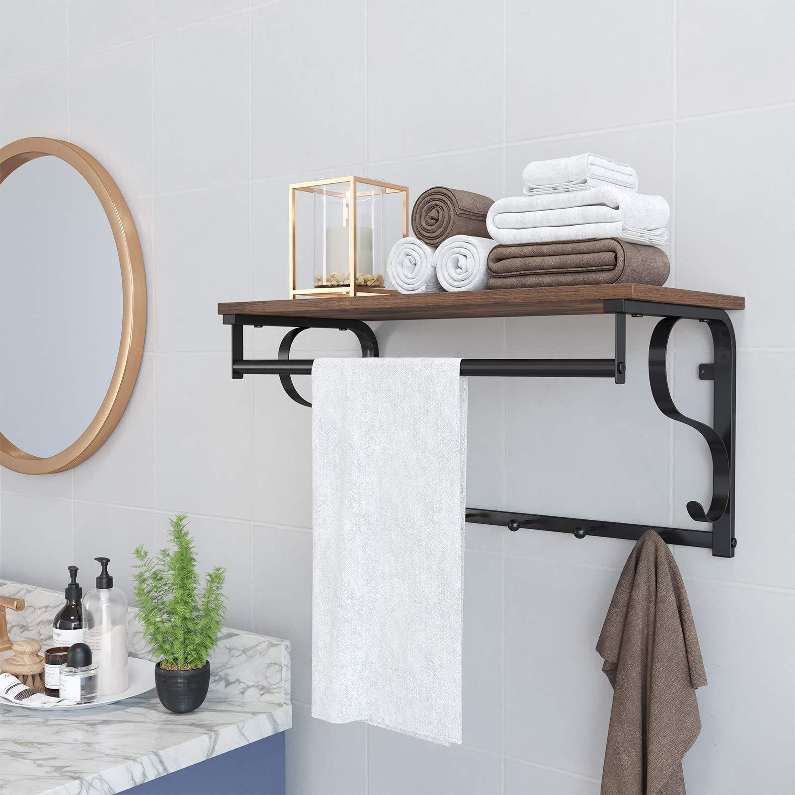 Industrial Coat Rack Shelf Wall Mounted, Hook Rack Shelf with Hanging Rail, 5 Metal Hooks and Upper Shelf