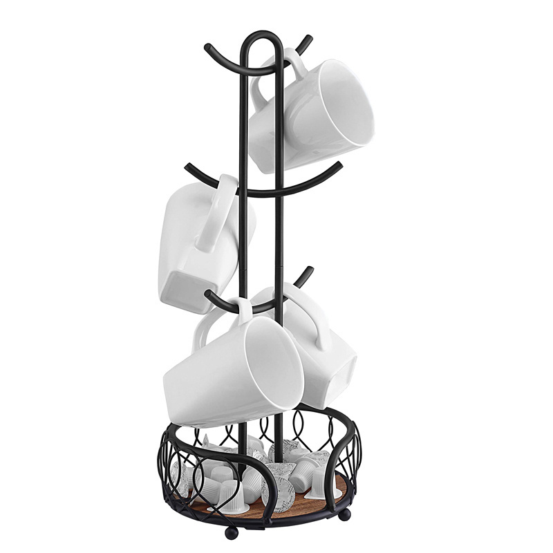 Heavy Wire Gauge 6 Mug Tree Countertop Holder, Coffee Mugs and Tea Cup Storage Rack with Small Storage Area