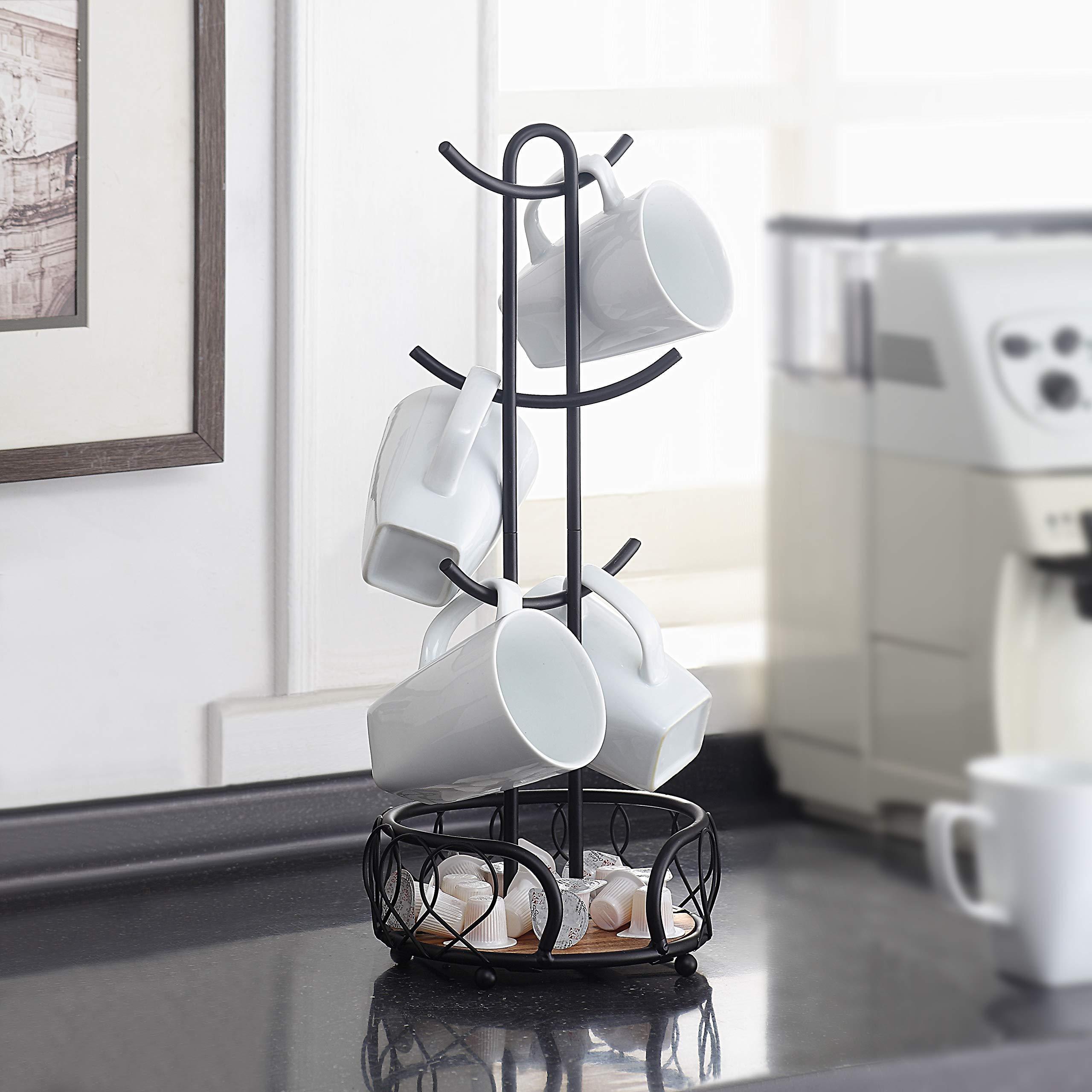 Heavy Wire Gauge 6 Mug Tree Countertop Holder, Coffee Mugs and Tea Cup Storage Rack with Small Storage Area