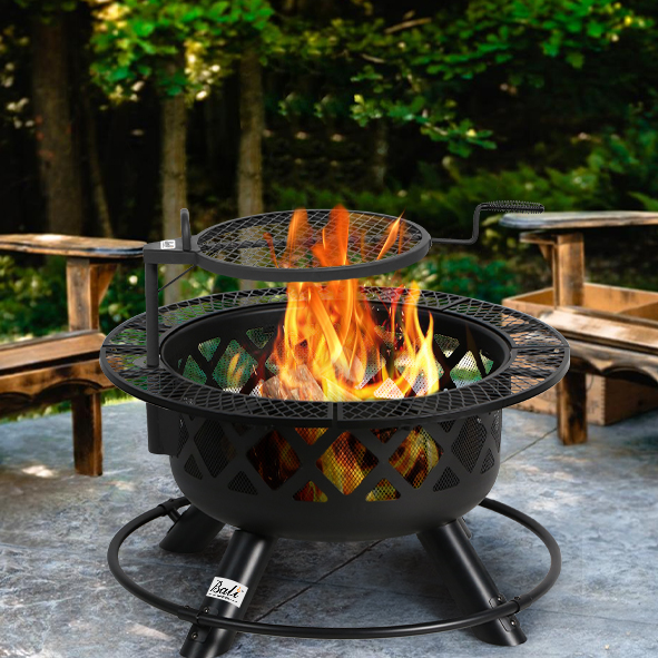 Fire Pit Ring, Wood Burning Fire Pit with Quick Removable Cooking Grill, Black, 32in