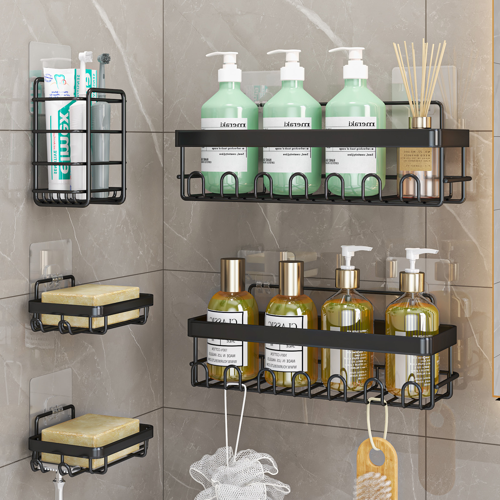 Fashion Shower Caddy Adhesive Bathroom Shelf Wall Organizer Black Stainless Steel Bathroom Shower Shelf Organizer