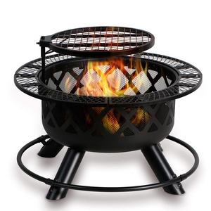 Fire Pit Ring, Wood Burning Fire Pit with Quick Removable Cooking Grill, Black, 32in