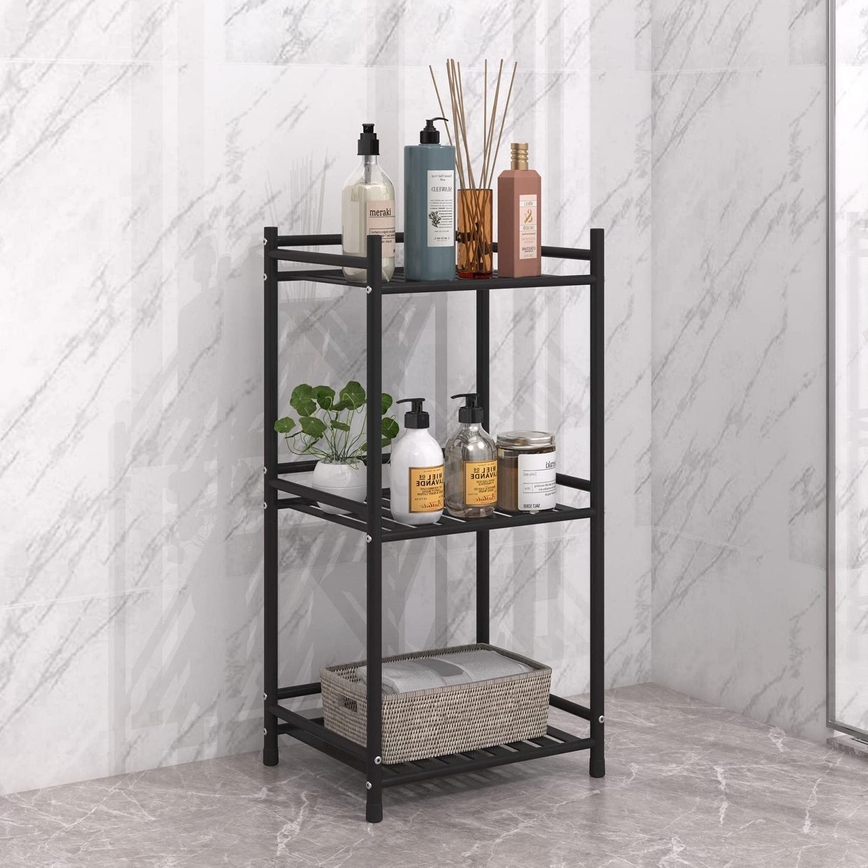 3 Tier Bathroom Storage Open Shelf Unit, Free-Standing Metal Corner Rack Shelving for Kitchen, Living Room, Hallway