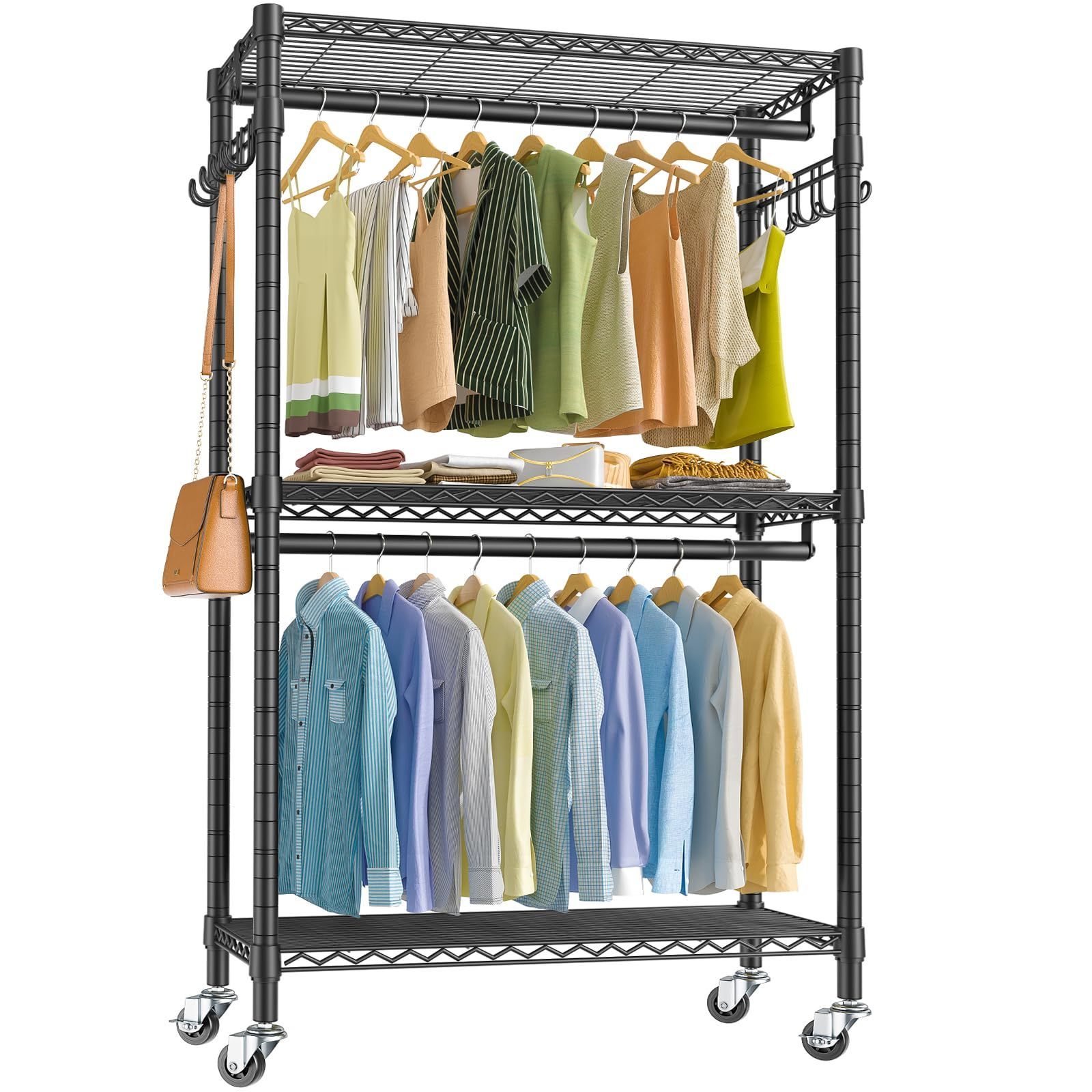 Heavy Duty Rolling Garment Rack 3 Tiers Adjustable Wire Shelving Clothes Rack with Double Rods and Side Hooks