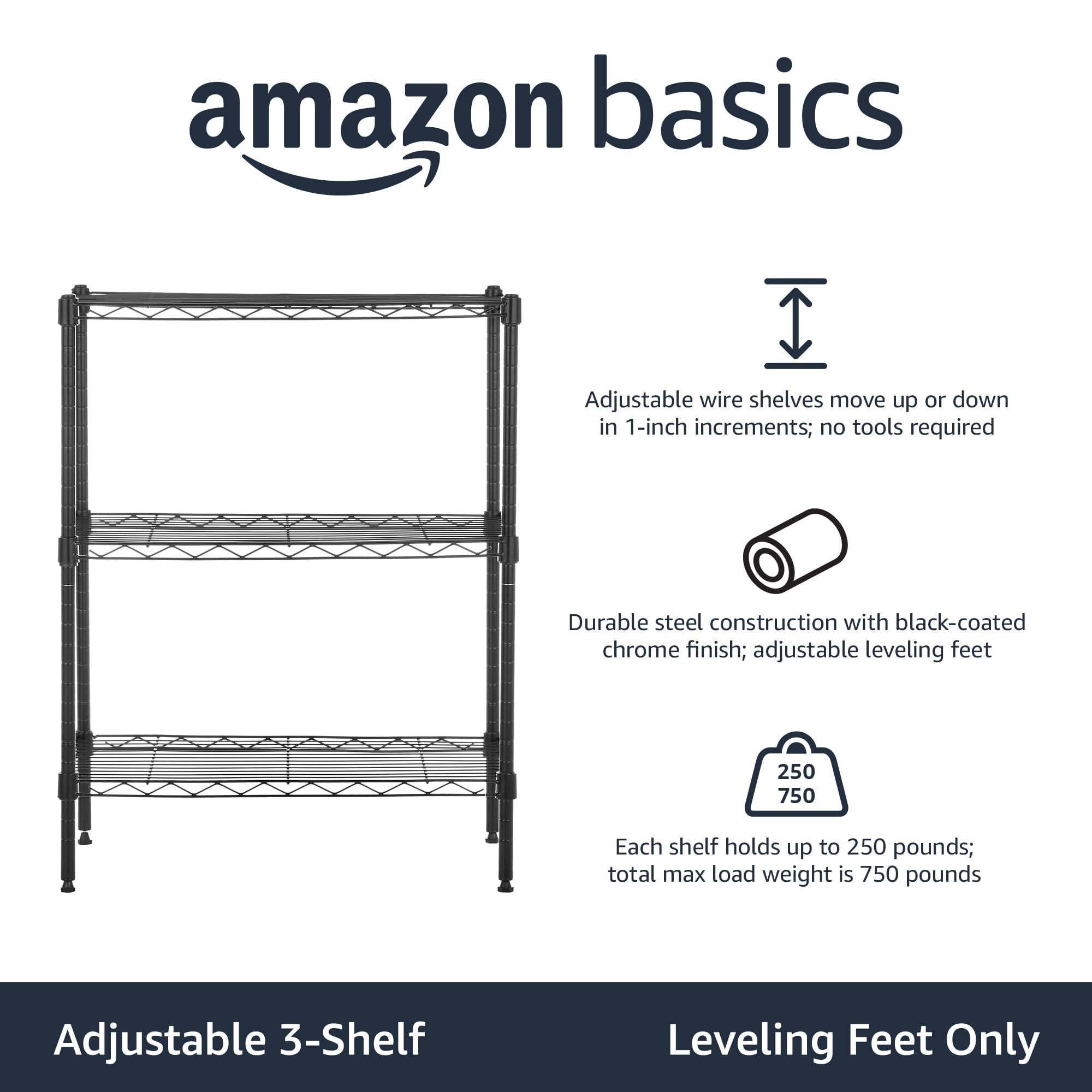 3-Shelf Narrow Adjustable, Heavy Duty Storage Shelving Unit (250 lbs loading capacity per shelf), Steel Organizer Wire Rack