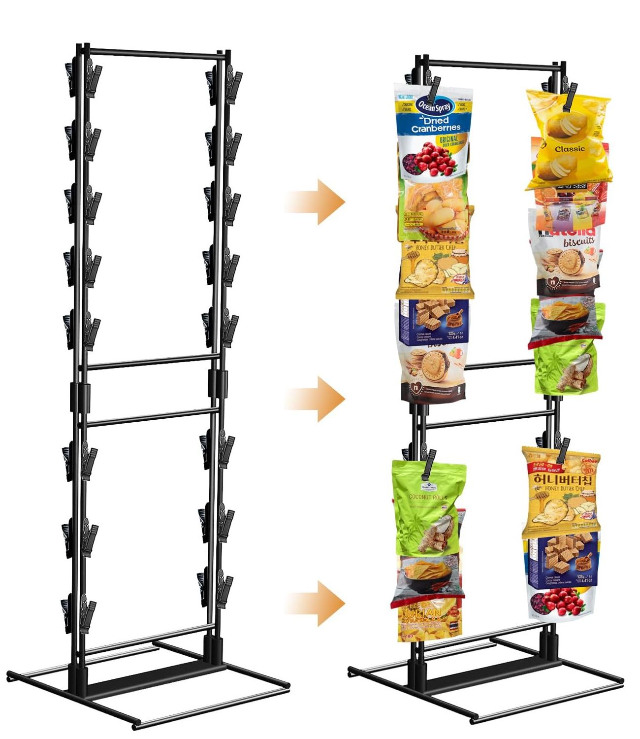 Retail Display Rack Clip Candy Chip Bag Holder Hanger Potato Stand 2-Row Black Portable Organizer