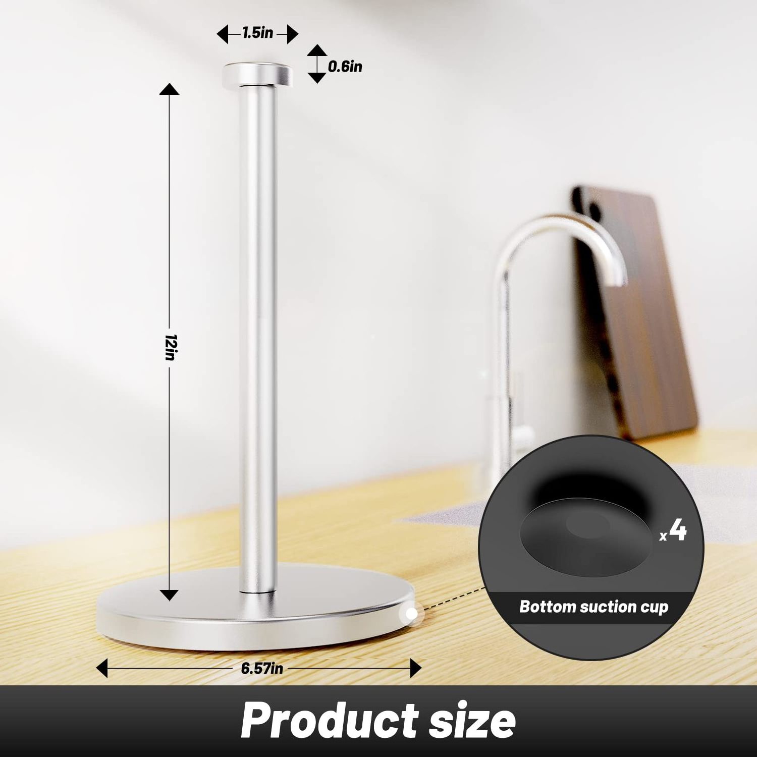 Silver Standing Paper Towel Roll Holder for Kitchen Bathroom with Weighted Base Suction Cups for One-Handed Operation