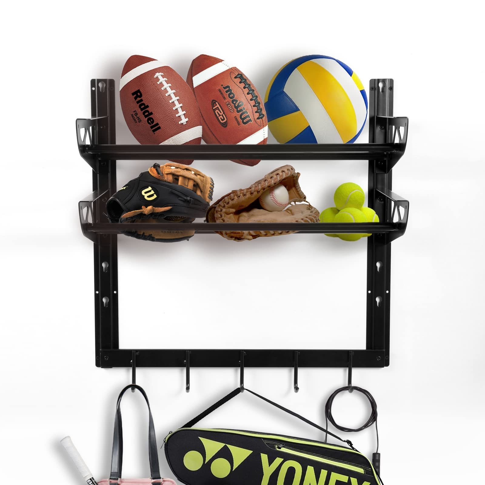 Garage Sports Equipment Organizer Ball Storage Rack Wall Mount Adjustable 2 Layers Steel Black Sports Gear Storage Holder