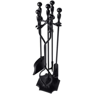 5 Pcs Fireplace Tools Sets Black Handle Wrought Iron Fire Tool Set and Holder Outdoor Fireset Fire Pit Stand Rustic Tongs Shovel