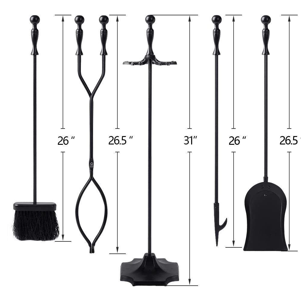 5 Pcs Fireplace Tools Sets Black Handle Wrought Iron Fire Tool Set and Holder Outdoor Fireset Fire Pit Stand Rustic Tongs Shovel