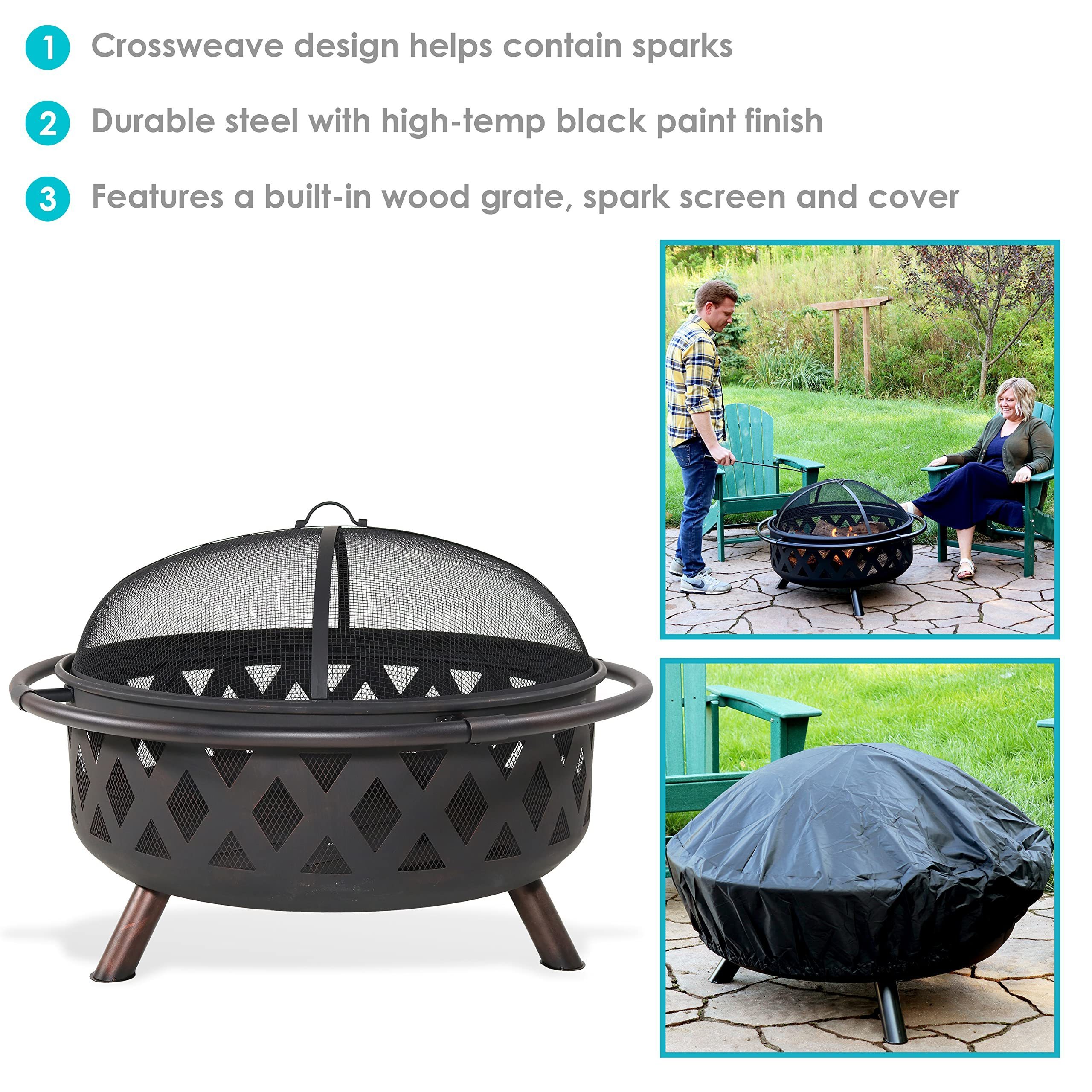 Black Crossweave Large Outdoor Fire Pit 36-Inch Heavy-Duty Wood-Burning Fire Pit with Spark Screen for Patio & Backyard Bonfires