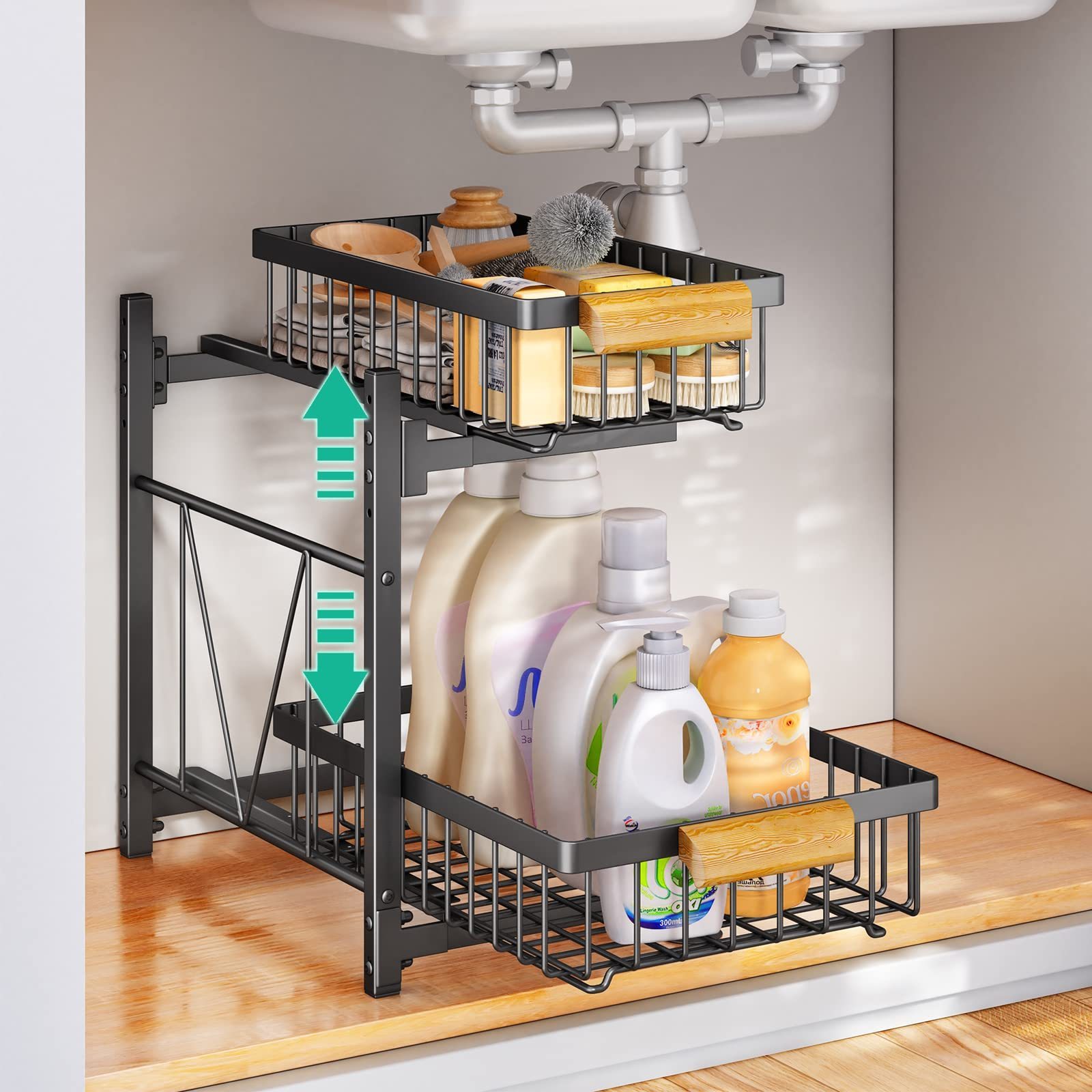 Under Sink Organizers for Bathroom, Metal Pull Out Cabinet Organizer Adjustable 2 Tie Sliding Drawer Under Sink Storage Shelf