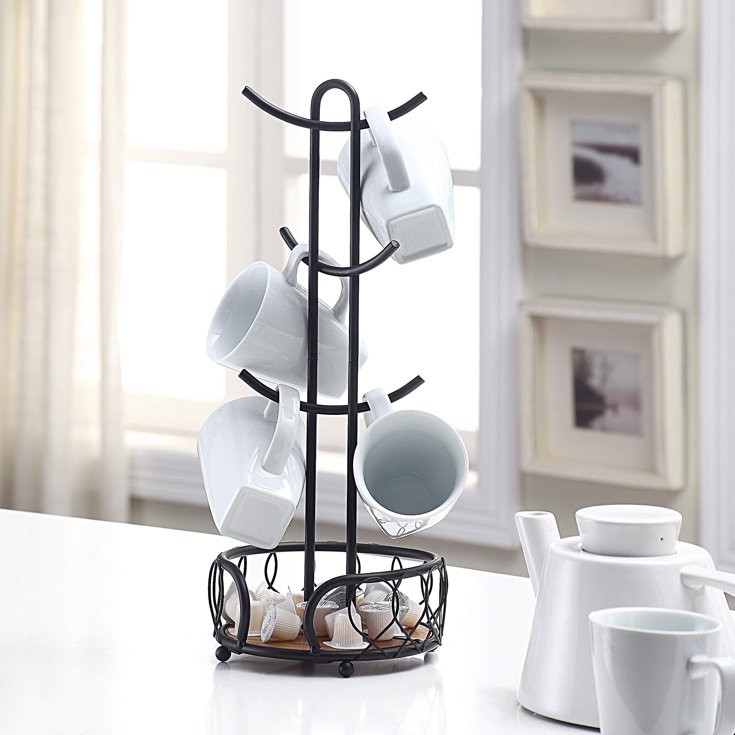 Heavy Wire Gauge 6 Mug Tree Countertop Holder, Coffee Mugs and Tea Cup Storage Rack with Small Storage Area