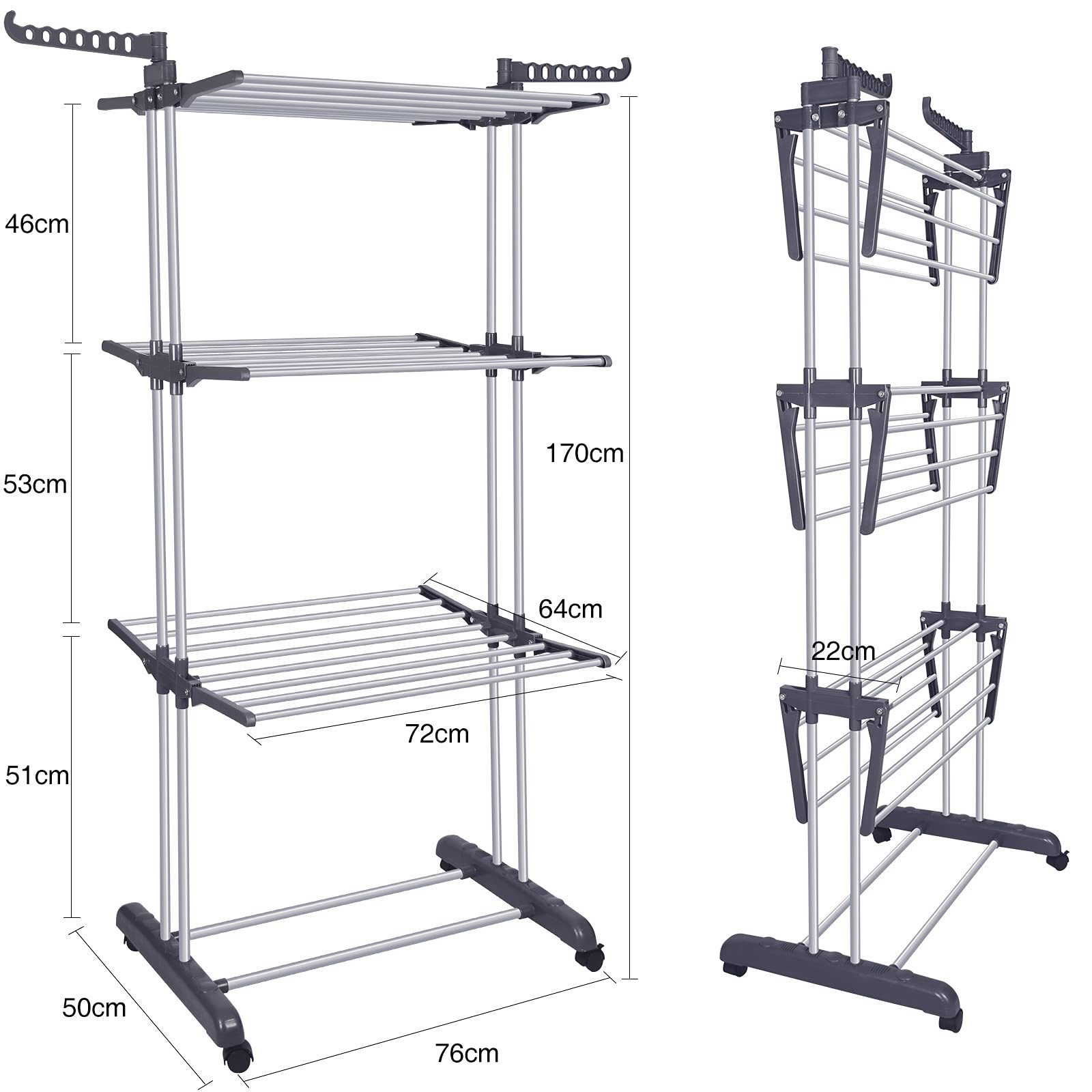 Clothes Drying Rack Folding Drying Rack Clothing 4 Tier Stainless Steel Laundry Drying Rack with Two Side Wings