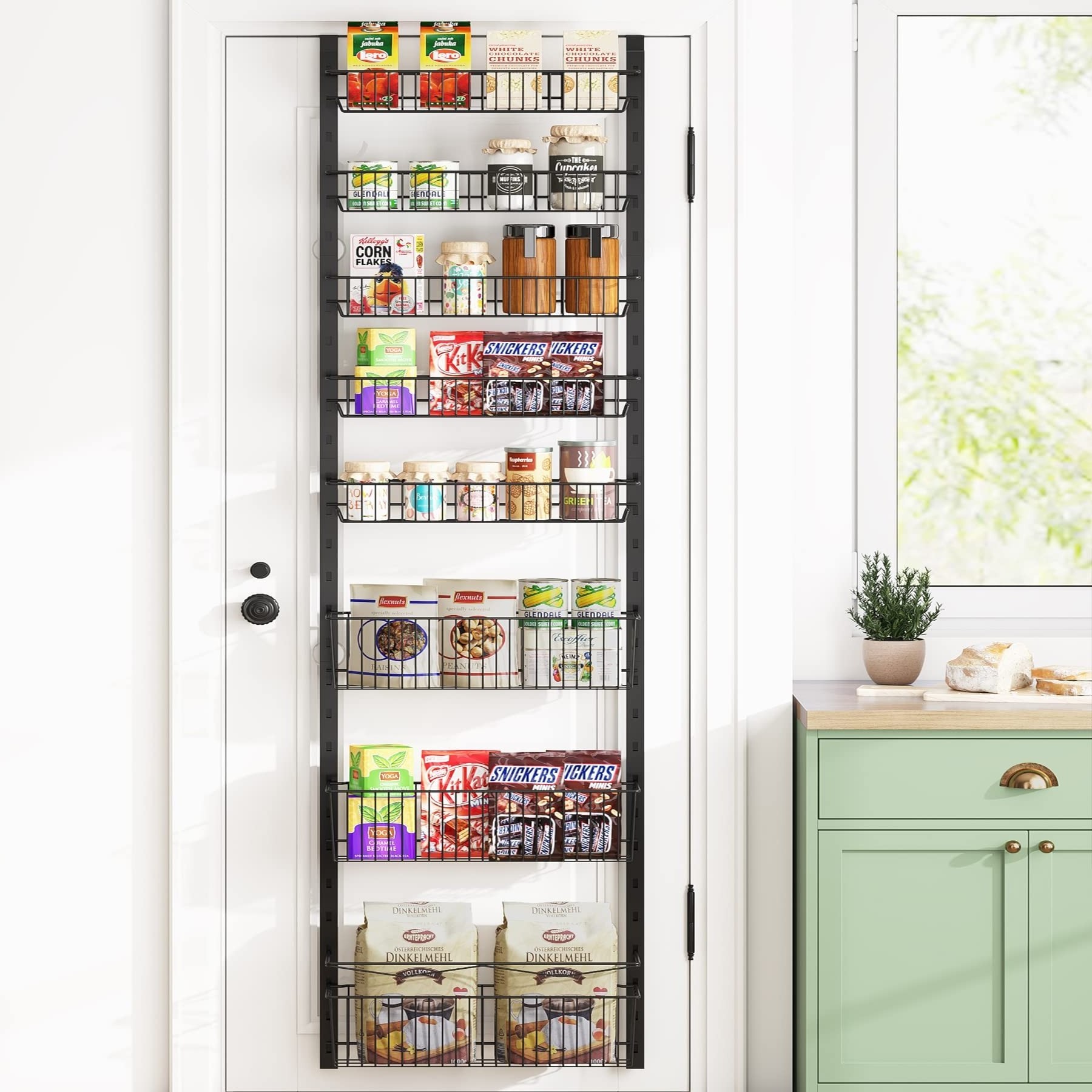 Over the Door Pantry Organizer, 8-Tier Adjustable Baskets Pantry Organization, Metal Door Shelf with Detachable Frame