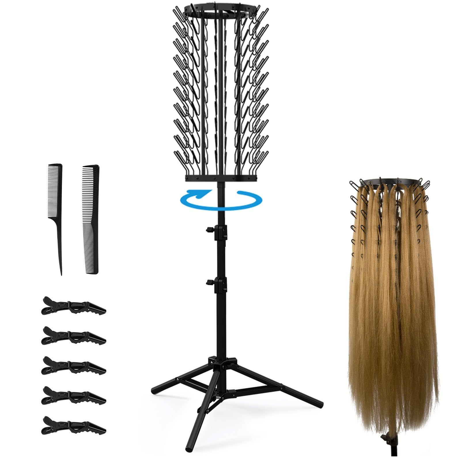 Rotation Braiding Hair Rack with 120 Pegs, Height Adjustable Hair Rack for Braiding Hair Extension Holder