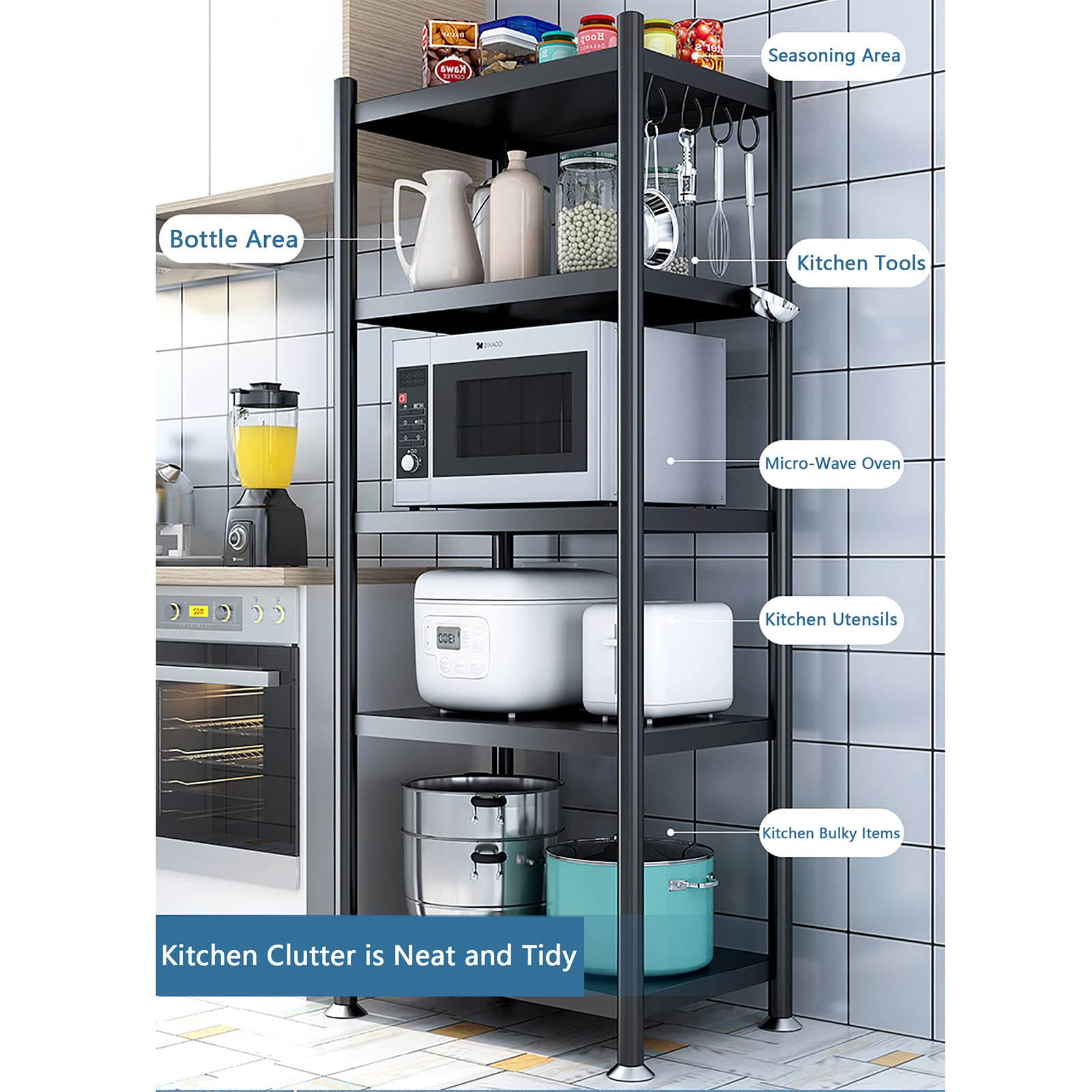 5-Tier Kitchen Stand Large Standing Baker's Racks Microwave Stand with Hutch and Storage Kitchen Utility Storage Shelf