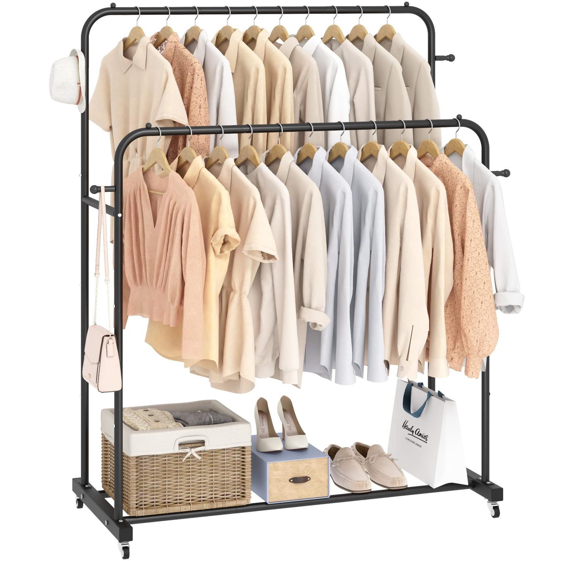 Double Rods Garment Rack with Wheels, Clothing Rack for Hanging Clothes,4 Hooks, Multi-functional Bedroom Clothes Rack, Black