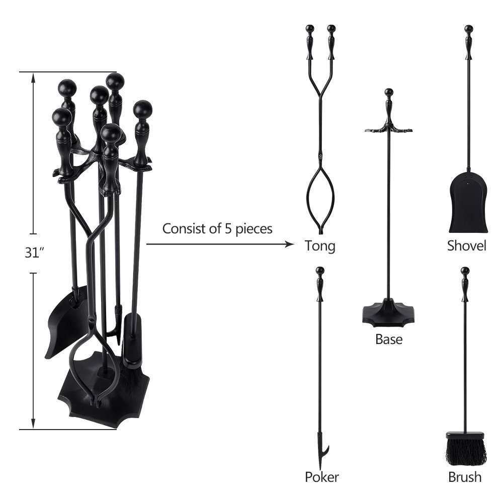 5 Pcs Fireplace Tools Sets Black Handle Wrought Iron Fire Tool Set and Holder Outdoor Fireset Fire Pit Stand Rustic Tongs Shovel