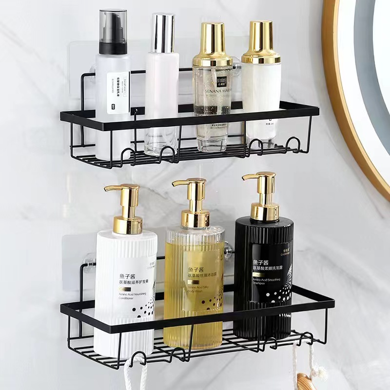 Fashion Shower Caddy Adhesive Bathroom Shelf Wall Organizer Black Stainless Steel Bathroom Shower Shelf Organizer