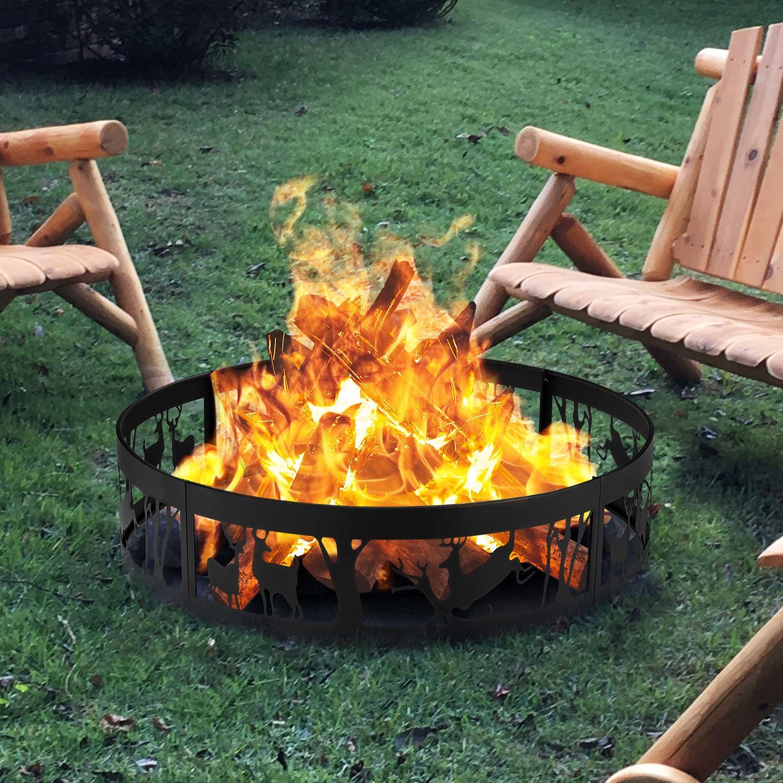 36 Fire Ring, Burning Campfire Ring, Heavy Duty Fire Pit w/Extra Poker, Outdoor Bonfire Liner for Camping Living Wilderness