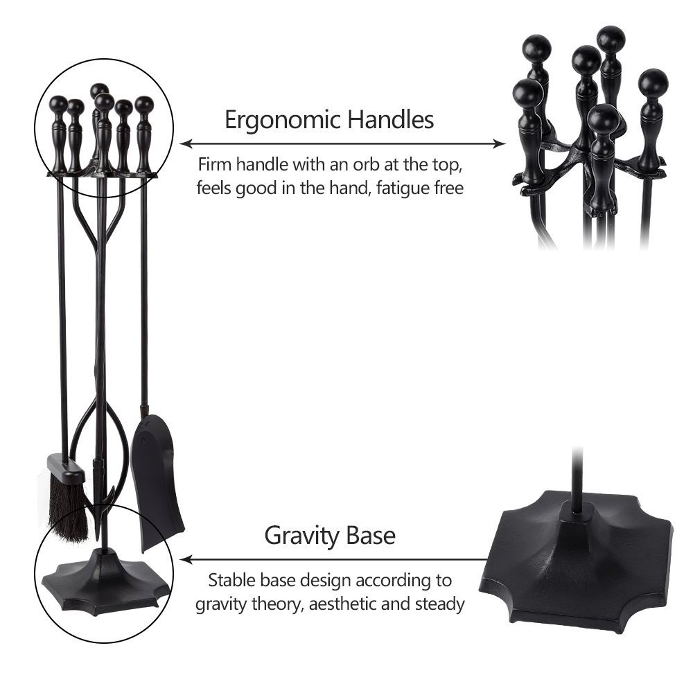 5 Pcs Fireplace Tools Sets Black Handle Wrought Iron Fire Tool Set and Holder Outdoor Fireset Fire Pit Stand Rustic Tongs Shovel