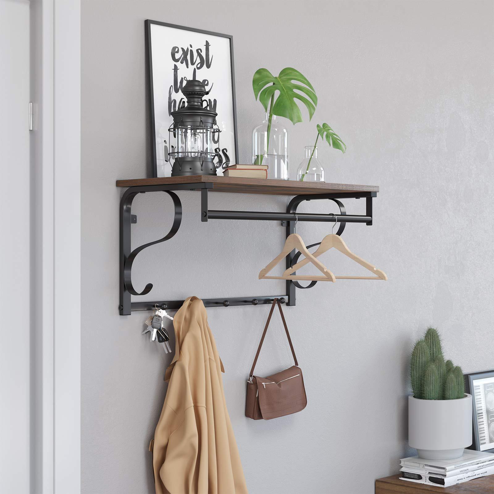 Industrial Coat Rack Shelf Wall Mounted, Hook Rack Shelf with Hanging Rail, 5 Metal Hooks and Upper Shelf