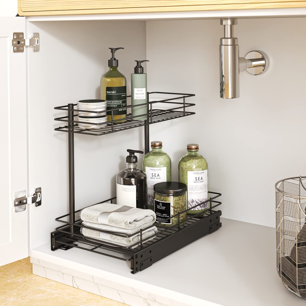 Pull Out Cabinet Organizer, 2 Tier Wire Basket Under Sink Slide Out Storage Shelf with Sliding Drawer