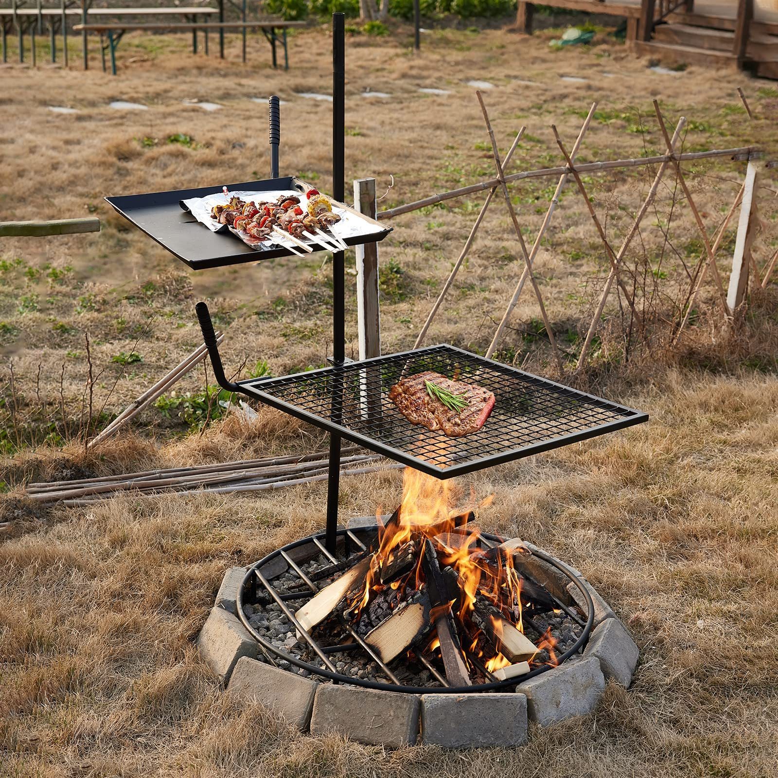 Campfire Grill Grate Double Layer Fire Pit Grill Grate Over Fire Pit Three Section Height Adjustable Grill Grate