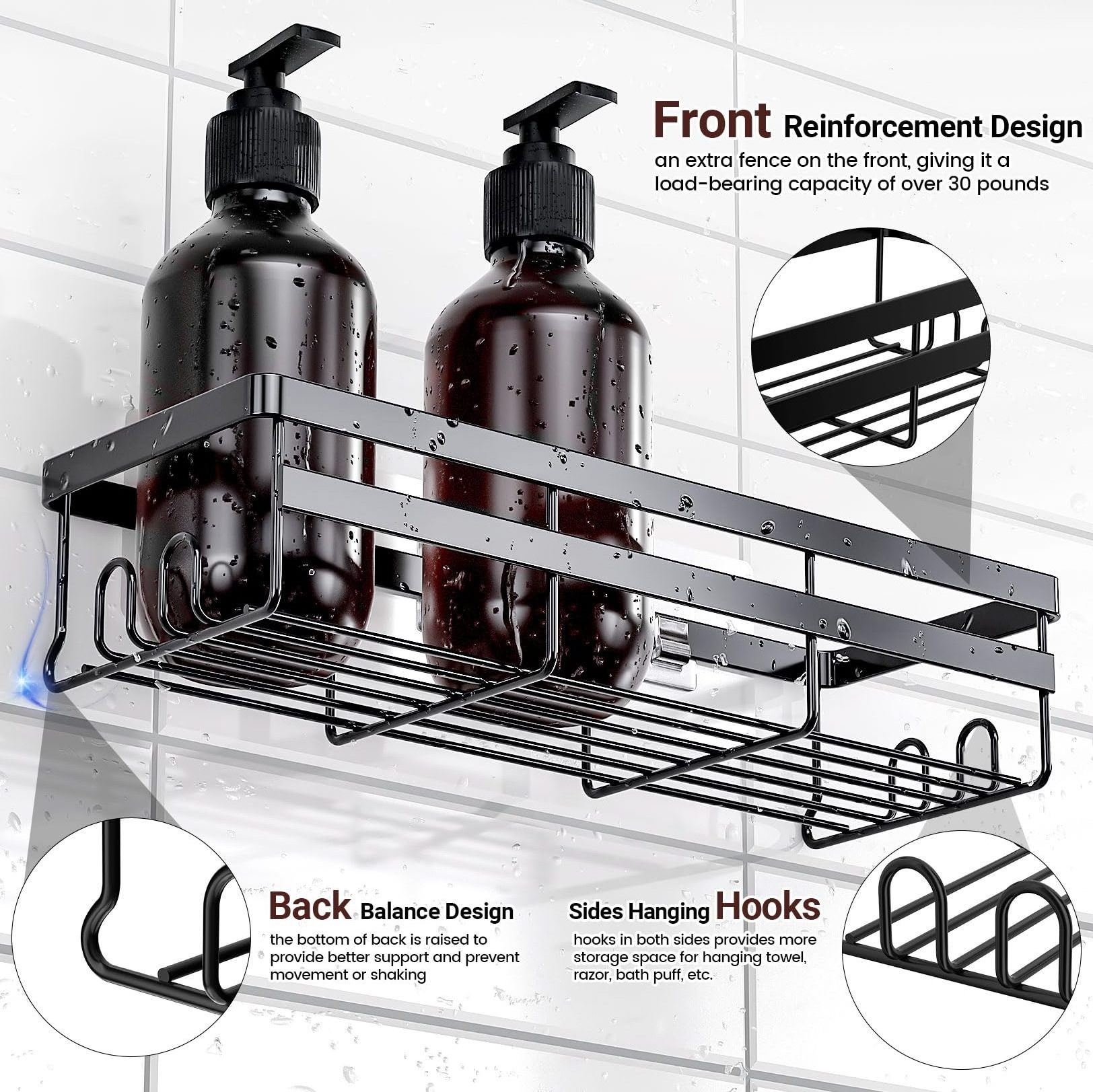 Shower Caddy Shelf Organizer, 2 Pack Adhesive Black Bathroom Accessories, Save Space with Hooks