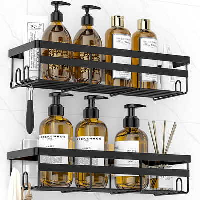 Shower Caddy Shelf Organizer, 2 Pack Adhesive Black Bathroom Accessories, Save Space with Hooks