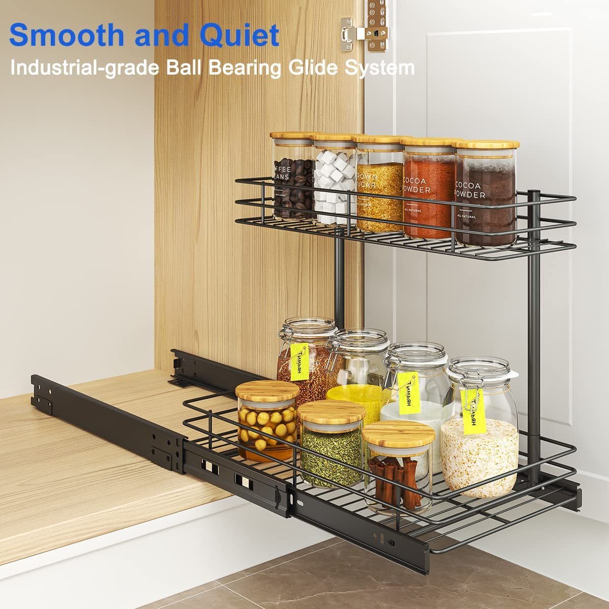 Pull Out Cabinet Organizer, 2 Tier Wire Basket Under Sink Slide Out Storage Shelf with Sliding Drawer