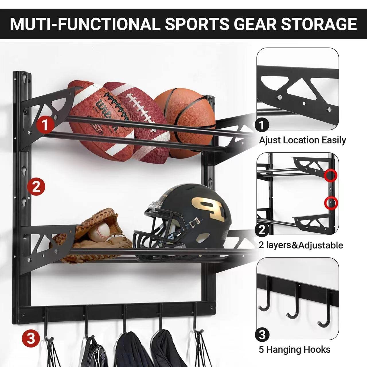 Garage Sports Equipment Organizer Ball Storage Rack Wall Mount Adjustable 2 Layers Steel Black Sports Gear Storage Holder