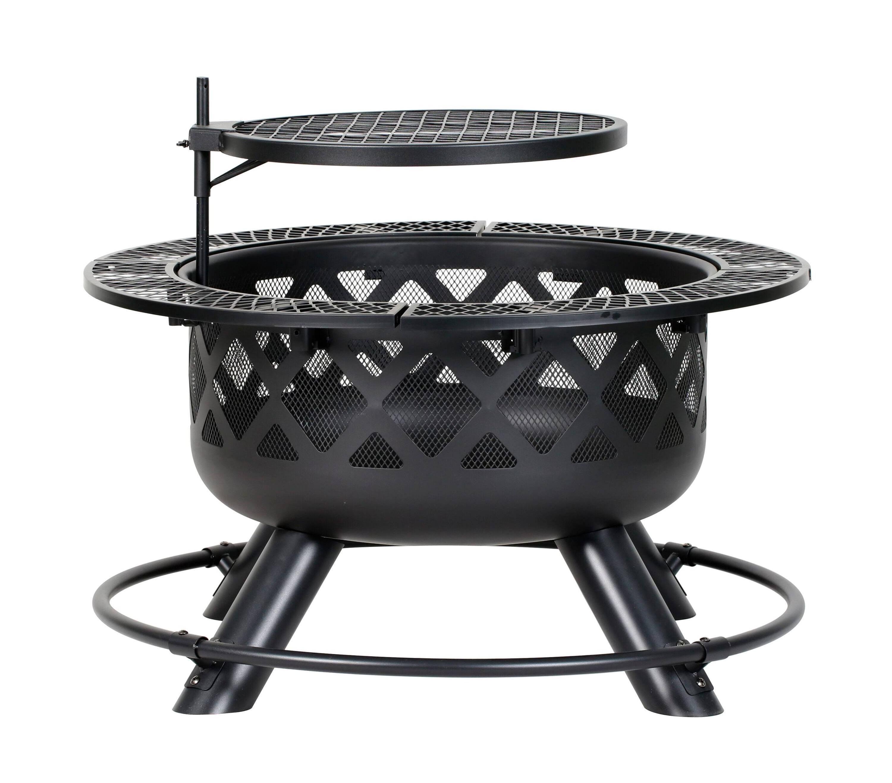 Fire Pit Ring, Wood Burning Fire Pit with Quick Removable Cooking Grill, Black, 32in