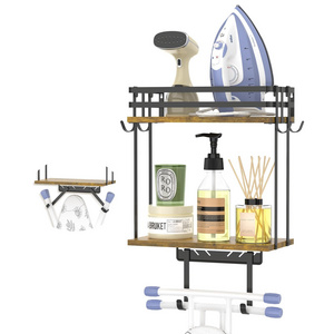 2 Tier Ironing Board Holder Wall Mount, Iron Board Hanger Rack , Laundry Room Shelves with Wooden Large Storage Basket