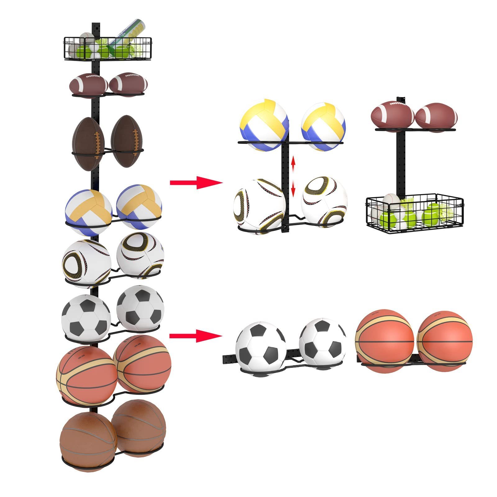 8 Tier Detachable Wall Mounted Basketball Rack, Vertical/Horizontal Football Holder, DIY1/2/3/4 Soccer Stand