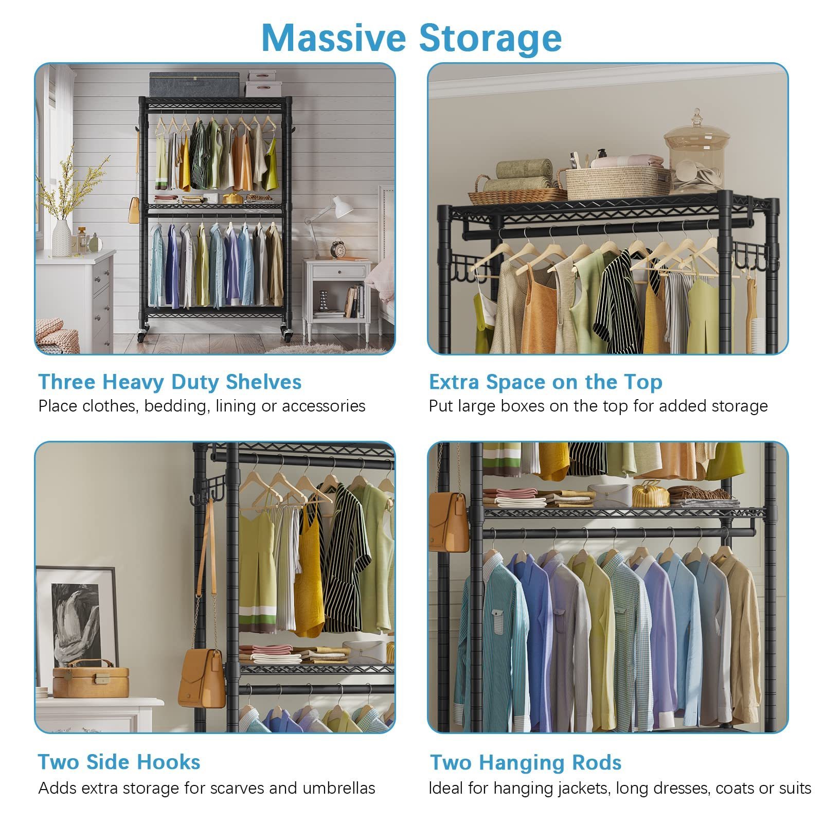 Heavy Duty Rolling Garment Rack 3 Tiers Adjustable Wire Shelving Clothes Rack with Double Rods and Side Hooks