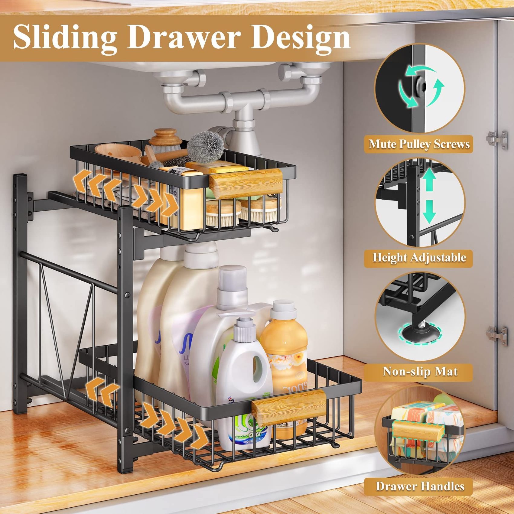 Under Sink Organizers for Bathroom, Metal Pull Out Cabinet Organizer Adjustable 2 Tie Sliding Drawer Under Sink Storage Shelf