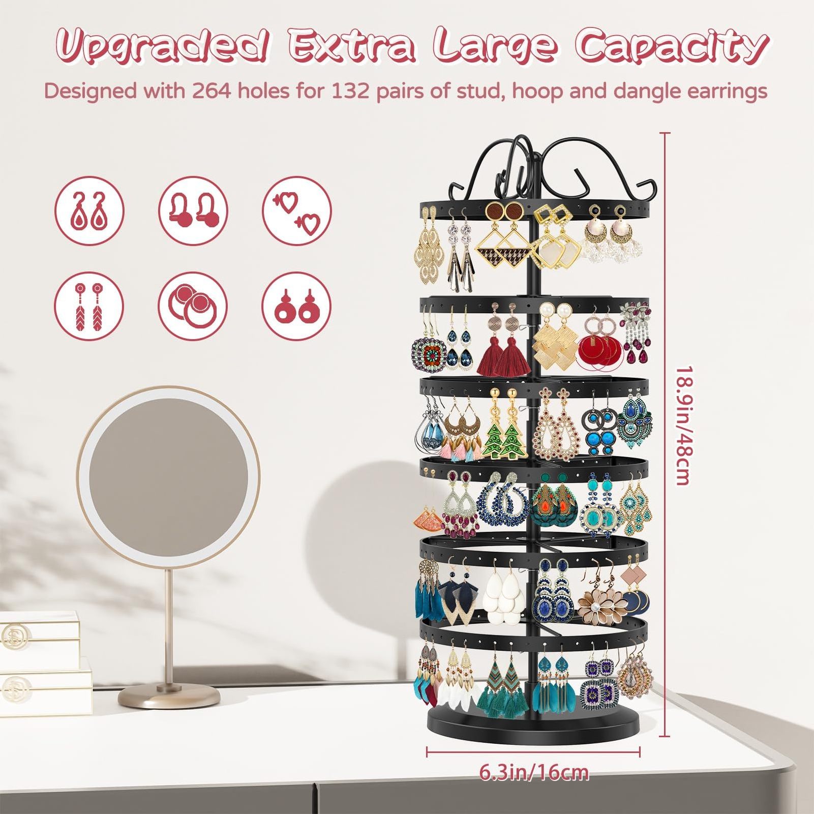 6 Tier Rotating Earring Holder Organizer, Adjustable Metal Earring Display Stand Rack, Earring Tree Organizer for Women Girl