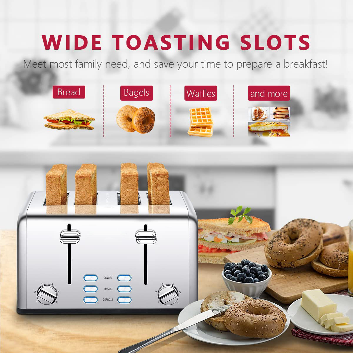 Toaster 4 Slice, Stainless Steel Toaster with Extra Wide Slots, 4 Slot Toaster with Bagel/Defrost/Cancel Function