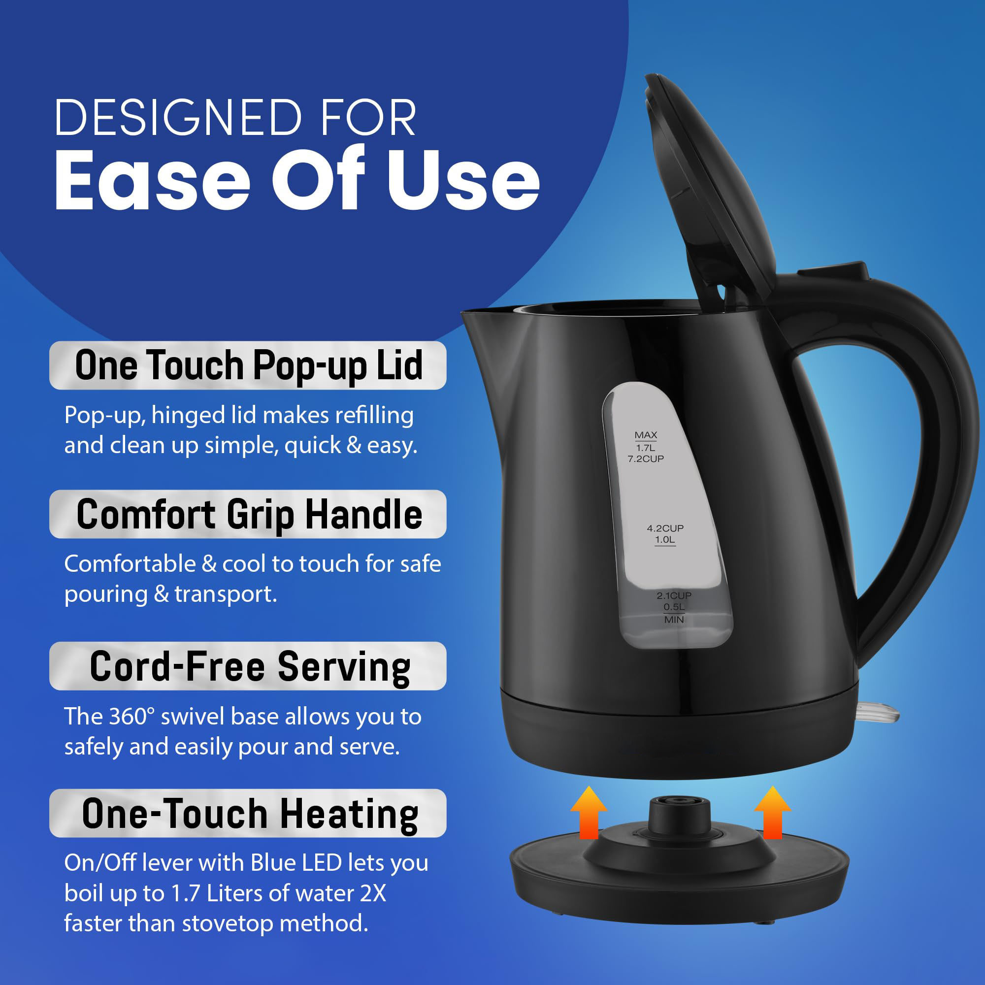 1.7L Electric Tea Kettle 1500W Hot Water Heater Boiler , Fast Boil, Water Level Window and Auto Shut-Off, Black